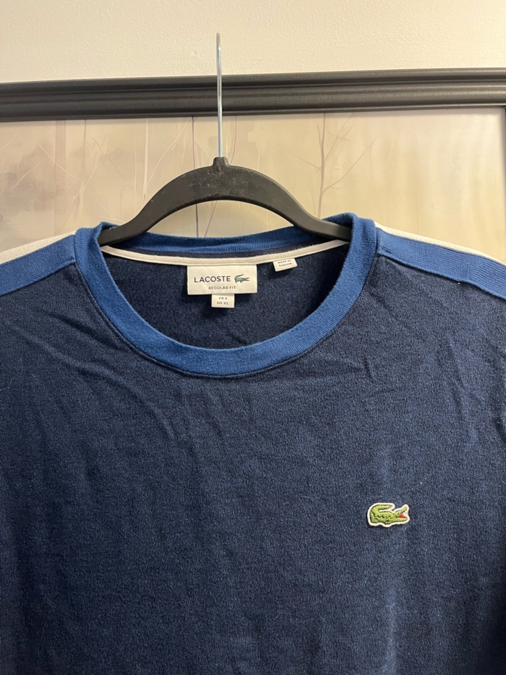 Lacoste Navy Blue Tee with Light Blue Trim and Green Crocodile